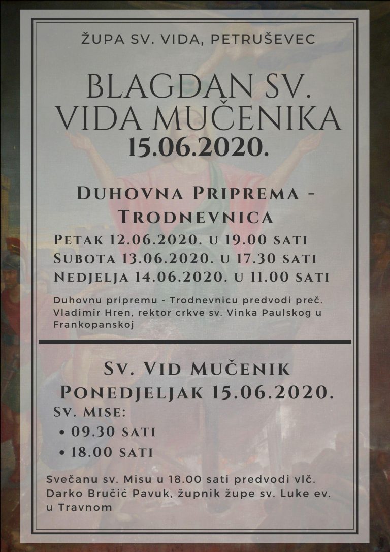 BLAGDAN SVETOG VIDA – ŽUPNO  PROŠTENJE 2020. – RASPORED SLAVLJA