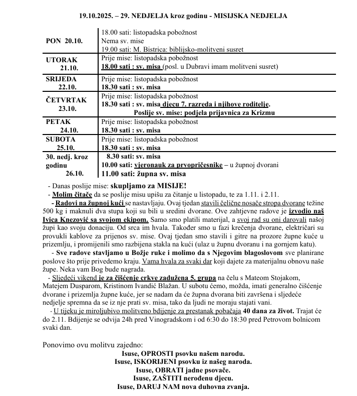 19.10.2025. – 29. NEDJELJA kroz godinu – MISIJSKA NEDJELJA – Župne obavijesti