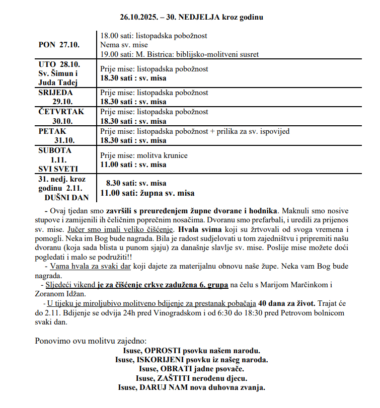 26.10.2025. – 30. NEDJELJA kroz godinu – Župne obavijesti