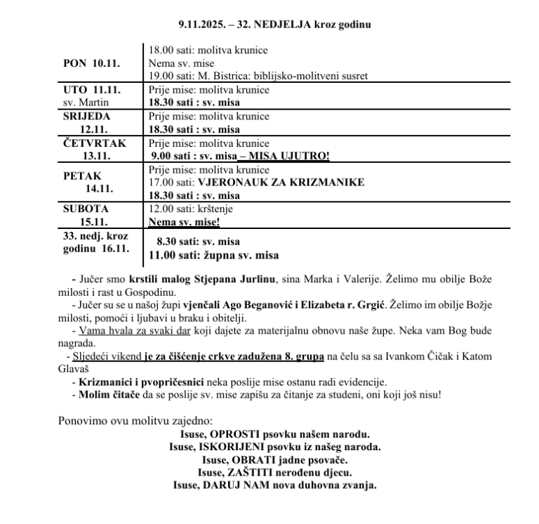 9.11.2025. – 32. NEDJELJA kroz godinu – Župne obavijesti