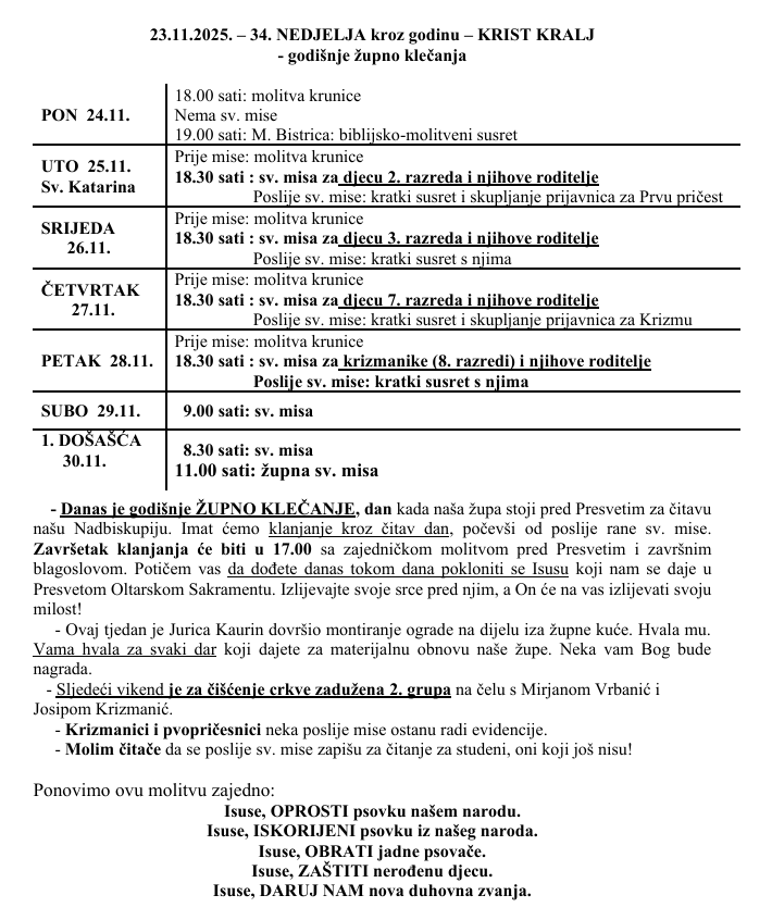 23.11.2025. – 34. NEDJELJA kroz godinu – KRIST KRALJ – godišnje župno klečanja – Župni oglasi