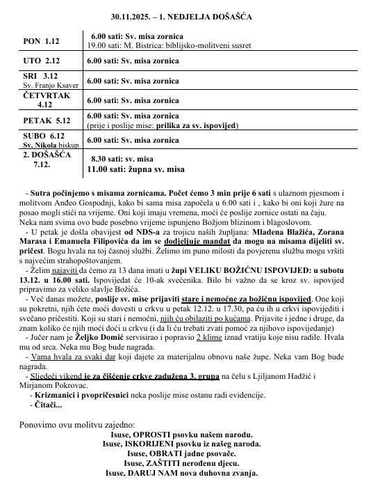 30.11.2025. – 1. NEDJELJA DOŠAŠĆA – Župne obavijesti