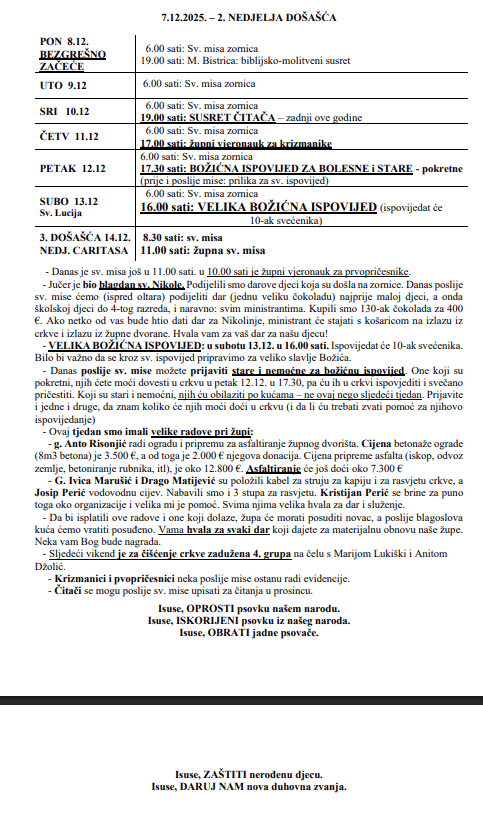 7.12.2025. – 2. NEDJELJA DOŠAŠĆA – Župne obavijesti