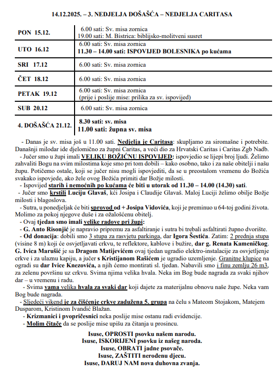 14.12.2025. – 3. NEDJELJA DOŠAŠĆA – NEDJELJA CARITASA – Župne obavijesti