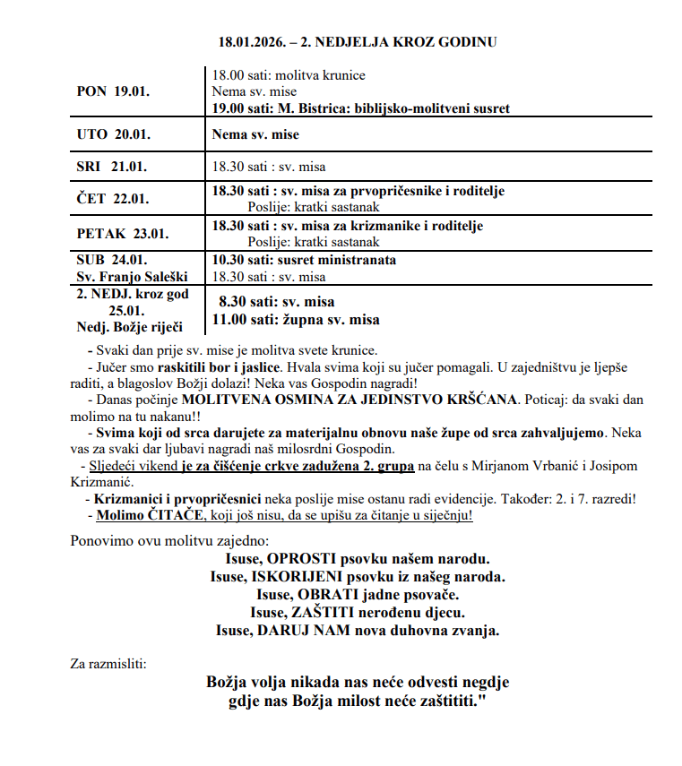 18.01.2026. – 2. NEDJELJA KROZ GODINU – Župne obavijesti