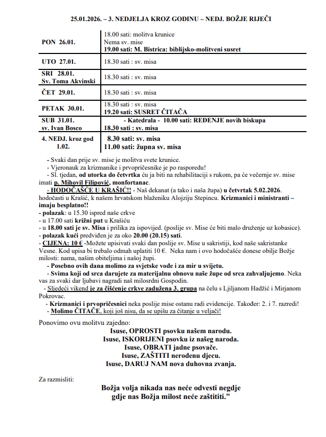 25.01.2026. – 3. NEDJELJA KROZ GODINU – NEDJ. BOŽJE RIJEČI – Župne obavijesti
