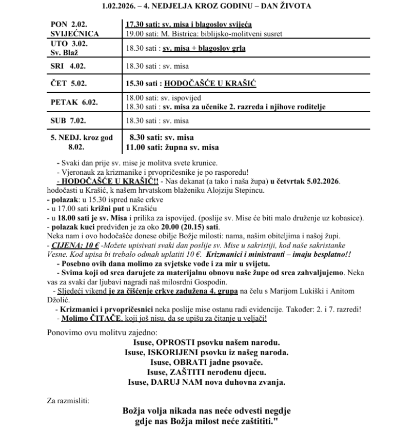 1.02.2026. – 4. NEDJELJA KROZ GODINU – DAN ŽIVOTA – Župne obavijesti