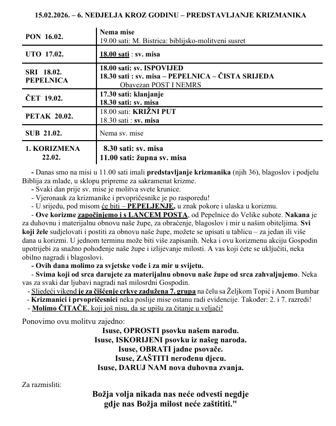 15.02.2026. – 6. NEDJELJA KROZ GODINU – PREDSTAVLJANJE KRIZMANIKA – Župne obavijesti