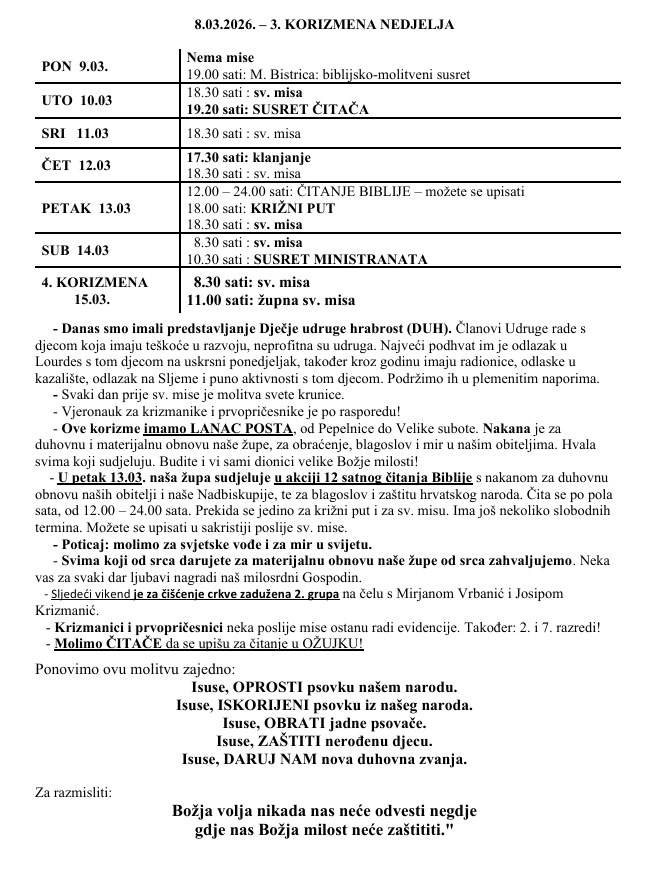 8.03.2026. – 3. KORIZMENA NEDJELJA – Župne obavijesti