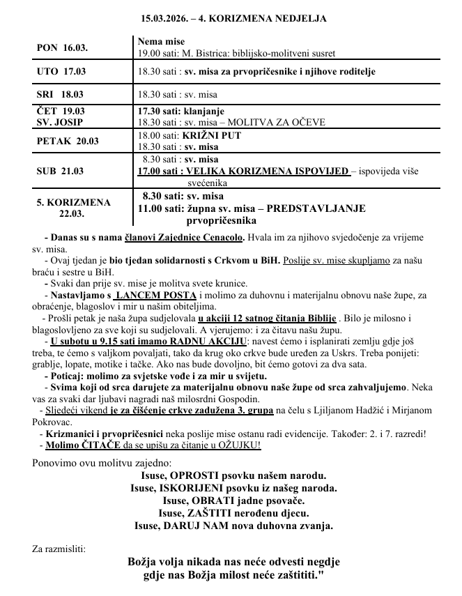 15.03.2026. – 4. KORIZMENA NEDJELJA – Župne obavijesti