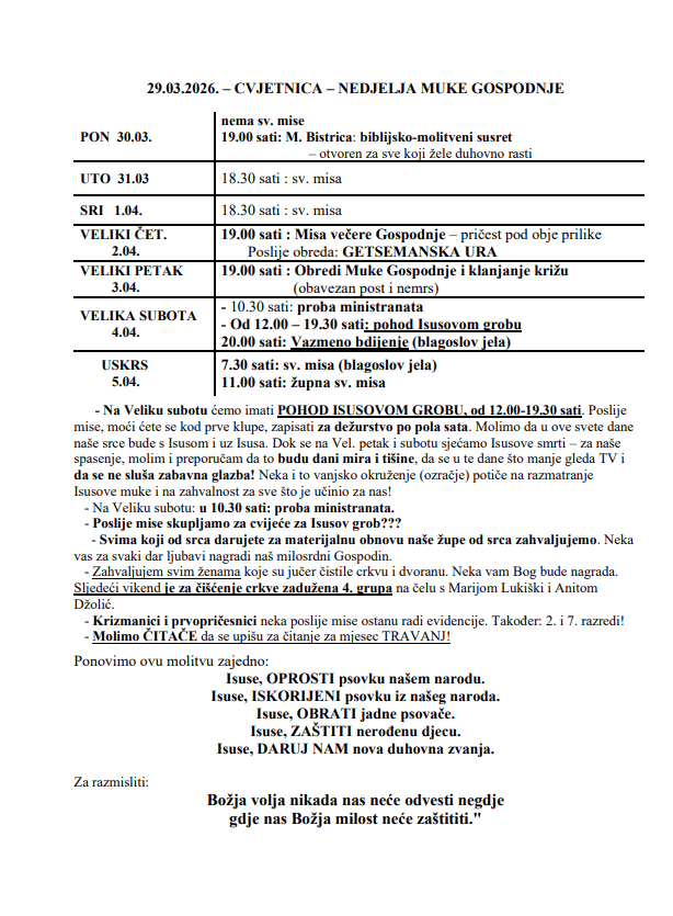 29.03.2026. – CVJETNICA – NEDJELJA MUKE GOSPODNJE – Župne obavijesti