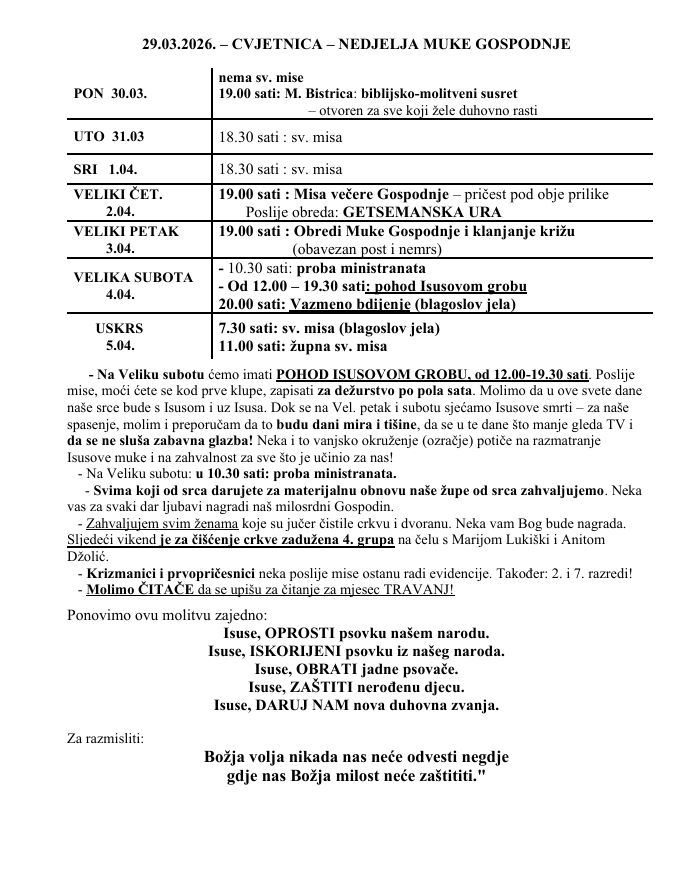 29.03.2026. – CVJETNICA – NEDJELJA MUKE GOSPODNJE – Župne obavijesti