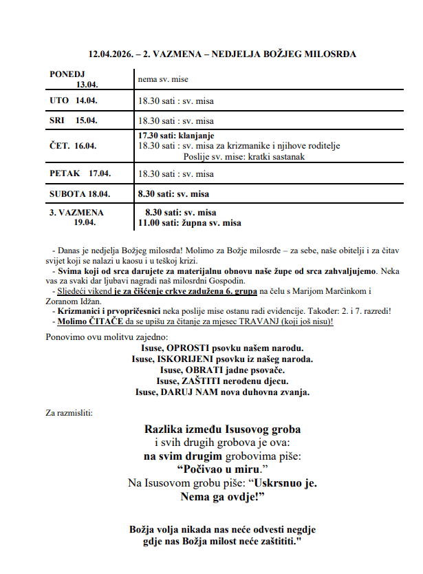 12.04.2026. – 2. VAZMENA – NEDJELJA BOŽJEG MILOSRĐA – Župne obavijesti