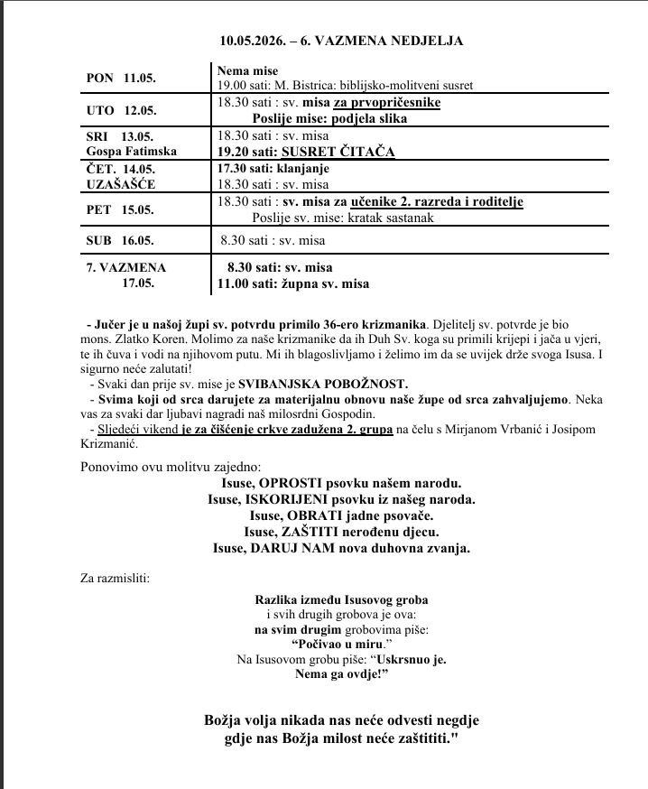 10.05.2026. – 6. VAZMENA NEDJELJA – Župne obavijesti