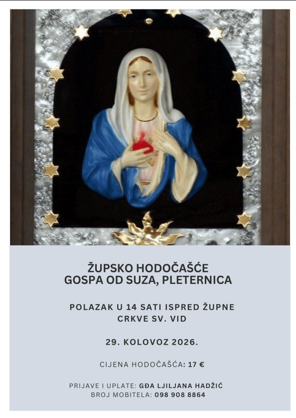 Župsko hodočašće – Gospa od suza, Pleternica – 29. kolovoza 2026.
