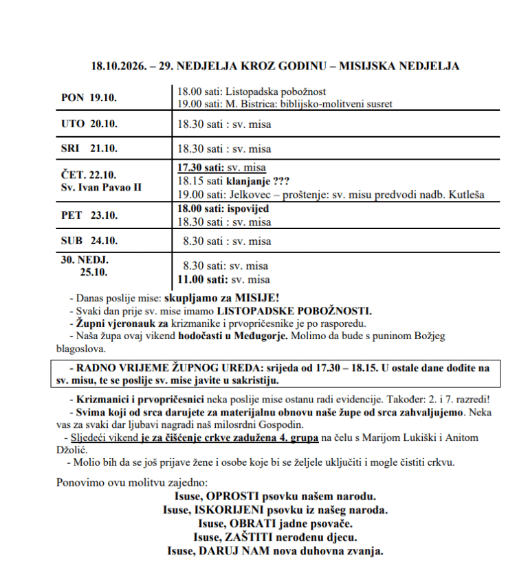 18.10.2026. – 29. NEDJELJA KROZ GODINU – MISIJSKA NEDJELJA – Župne obavijesti